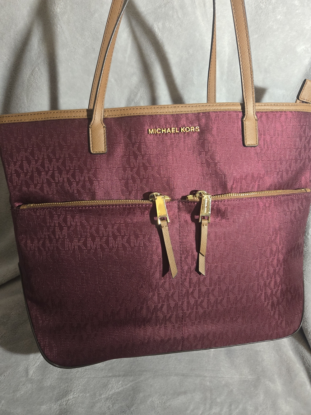 Michael Kors Wine Coated Canvas Tote with Tan Trim